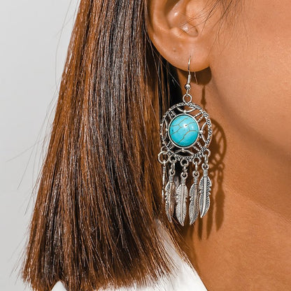 Turquoise Color Silver Feather Tassel Earrings