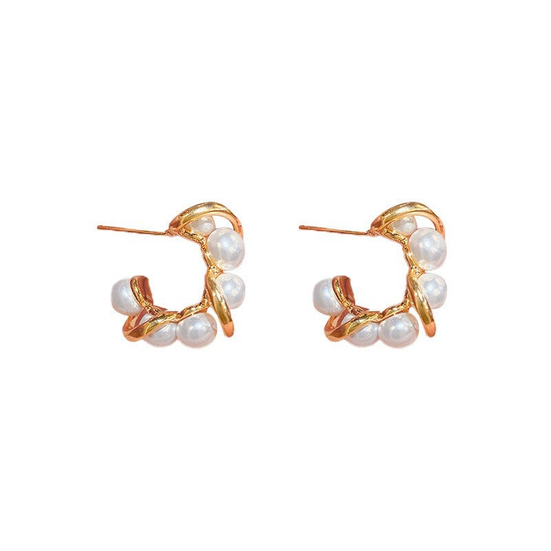 Niche Design Double Surround Metal Pearl C-shaped Earrings