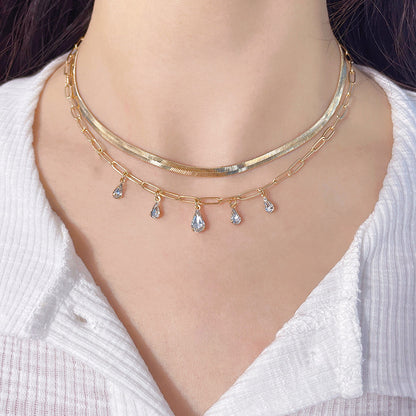 Snake Bone Hollow Water Drop Zircon Double Necklace