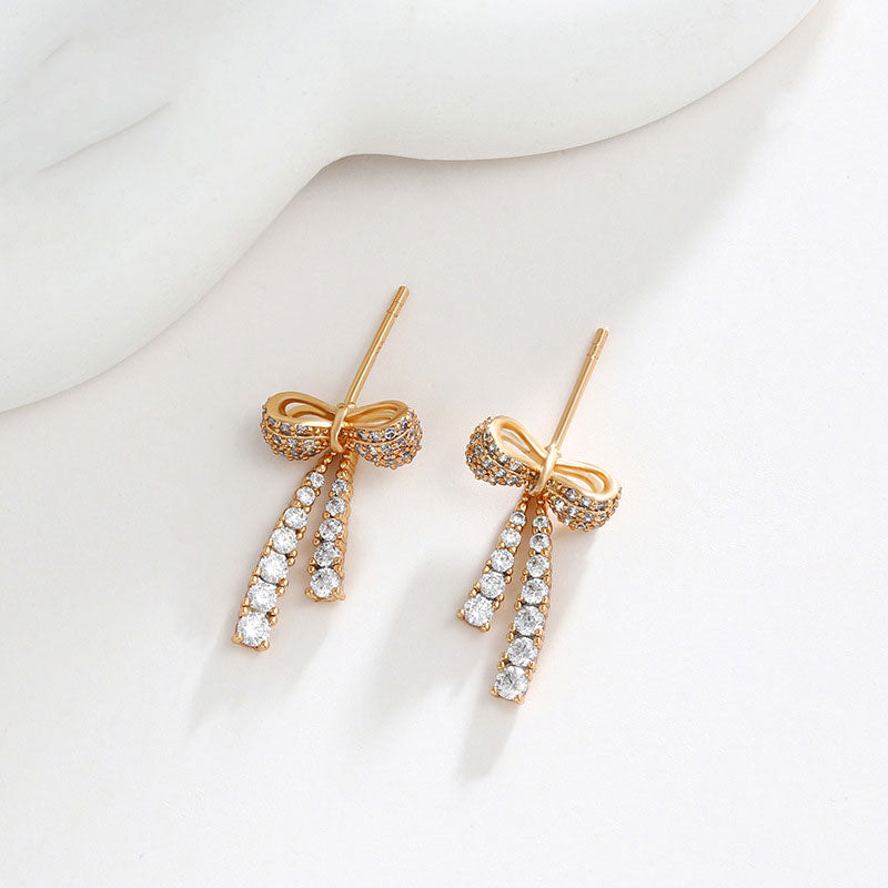 Micro Studded Zirconium Tassel Bow Earrings for Women