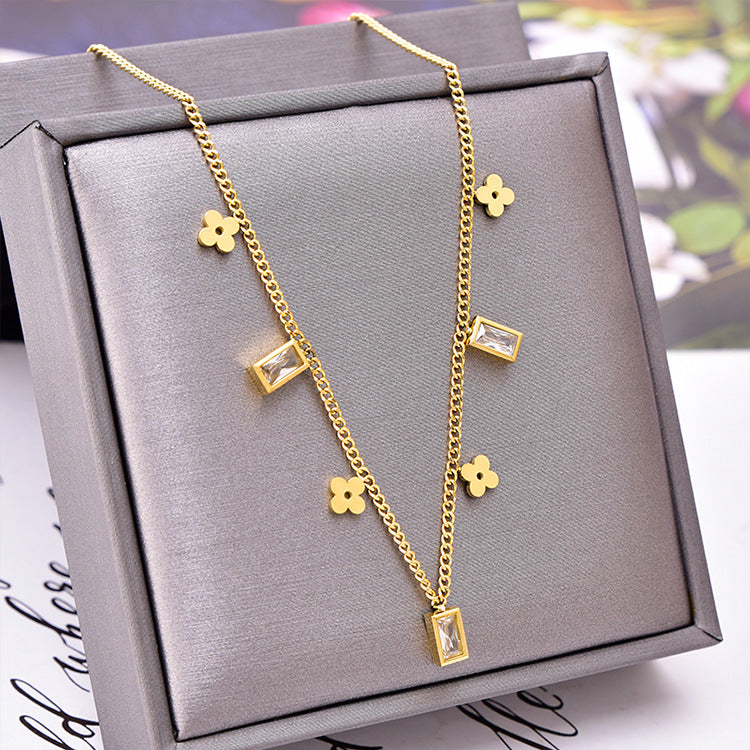 Smooth Butterfly Lock Rectangular Zircon Titanium Steel Necklace