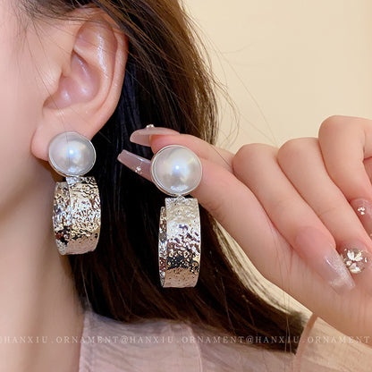 Silver Needle Pearl Metal Irregular Earrings