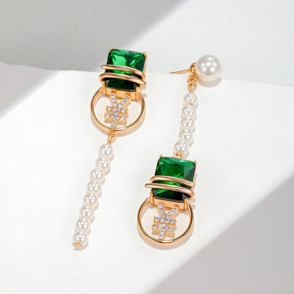 Vintage Green Zircon Imitation Pearl Earrings