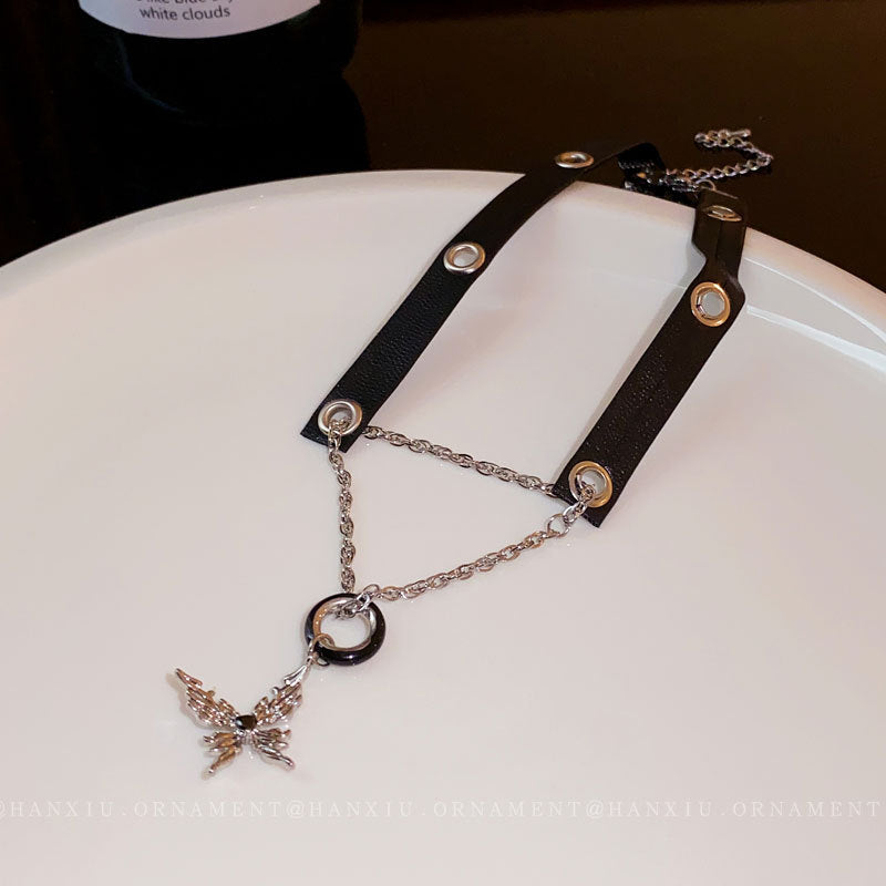 Leather Hoop Butterfly Necklace