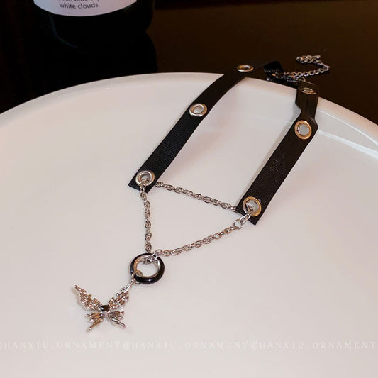 Leather Hoop Butterfly Necklace
