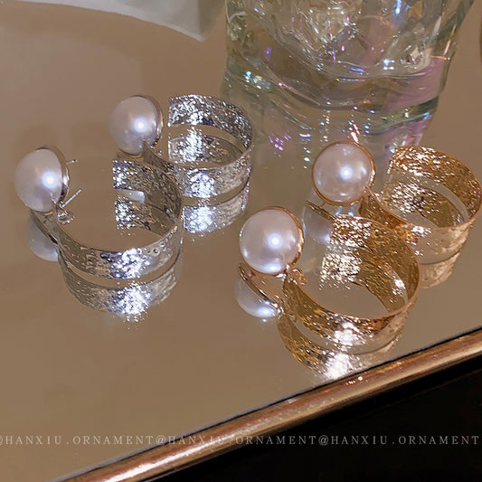 Silver Needle Pearl Metal Irregular Earrings