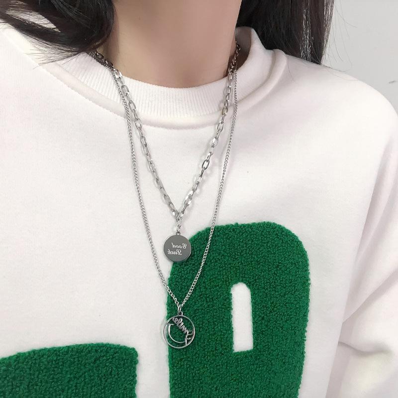 Titanium Steel Double Layer Wear Round Brand Hollow Letter Necklace