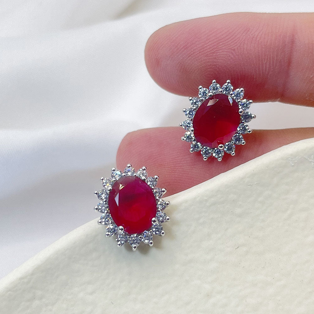 Flower Shape Inlaid Red Zircon Earrings