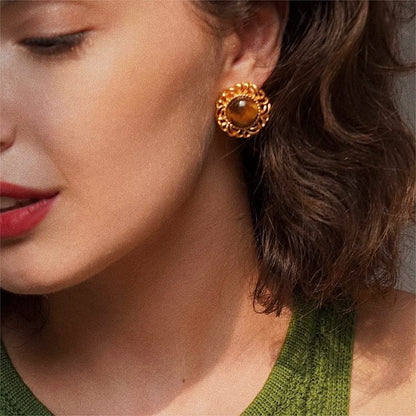 Tiger Eye Sunflower Golden Earrings