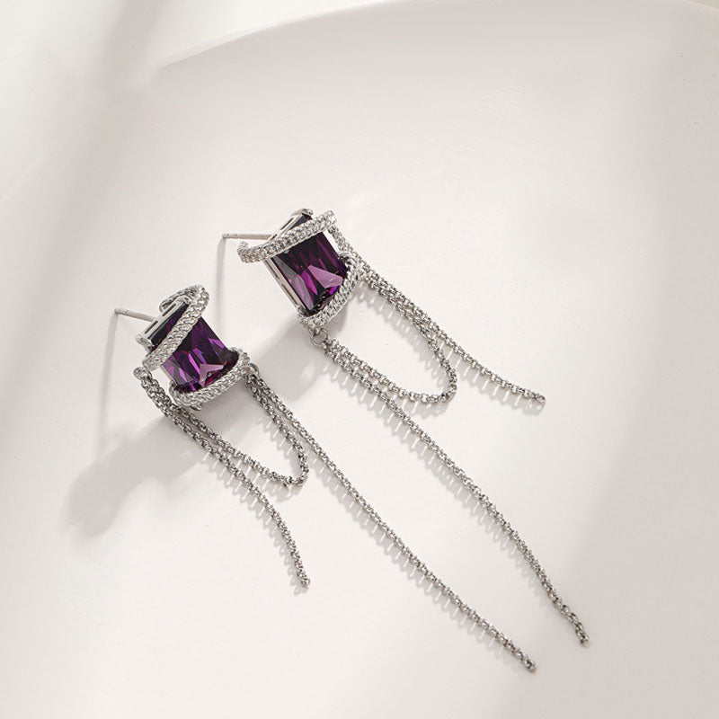 Square Zircon Bundle Long Tassel Chain Earrings for Women