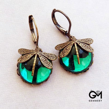 Vintage Green Dragonfly Crystal Earrings