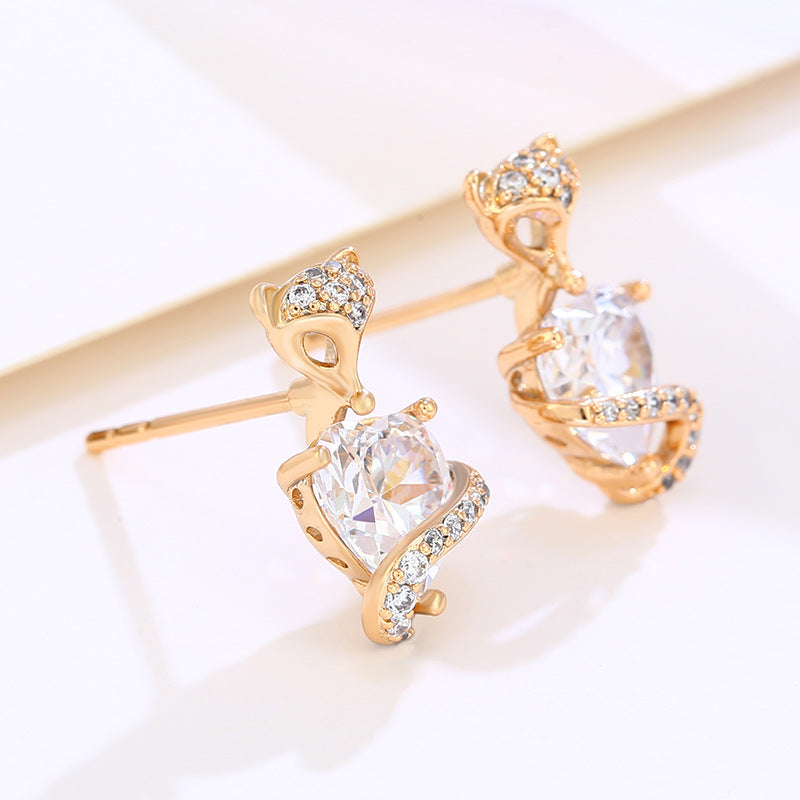 Cartoon Cute Little Fox with Zirconium Heart Earrings
