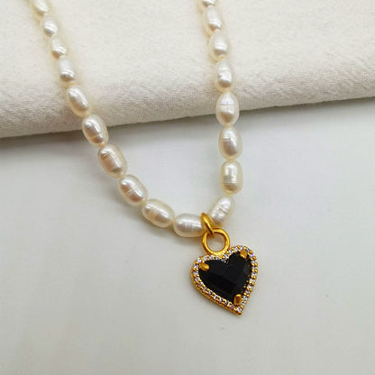 Light Luxury Niche Black Diamond Love Freshwater Pearl Necklace