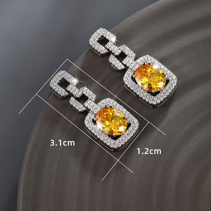 French Retro Square Full-set Zircon Large Gemstone Earrings