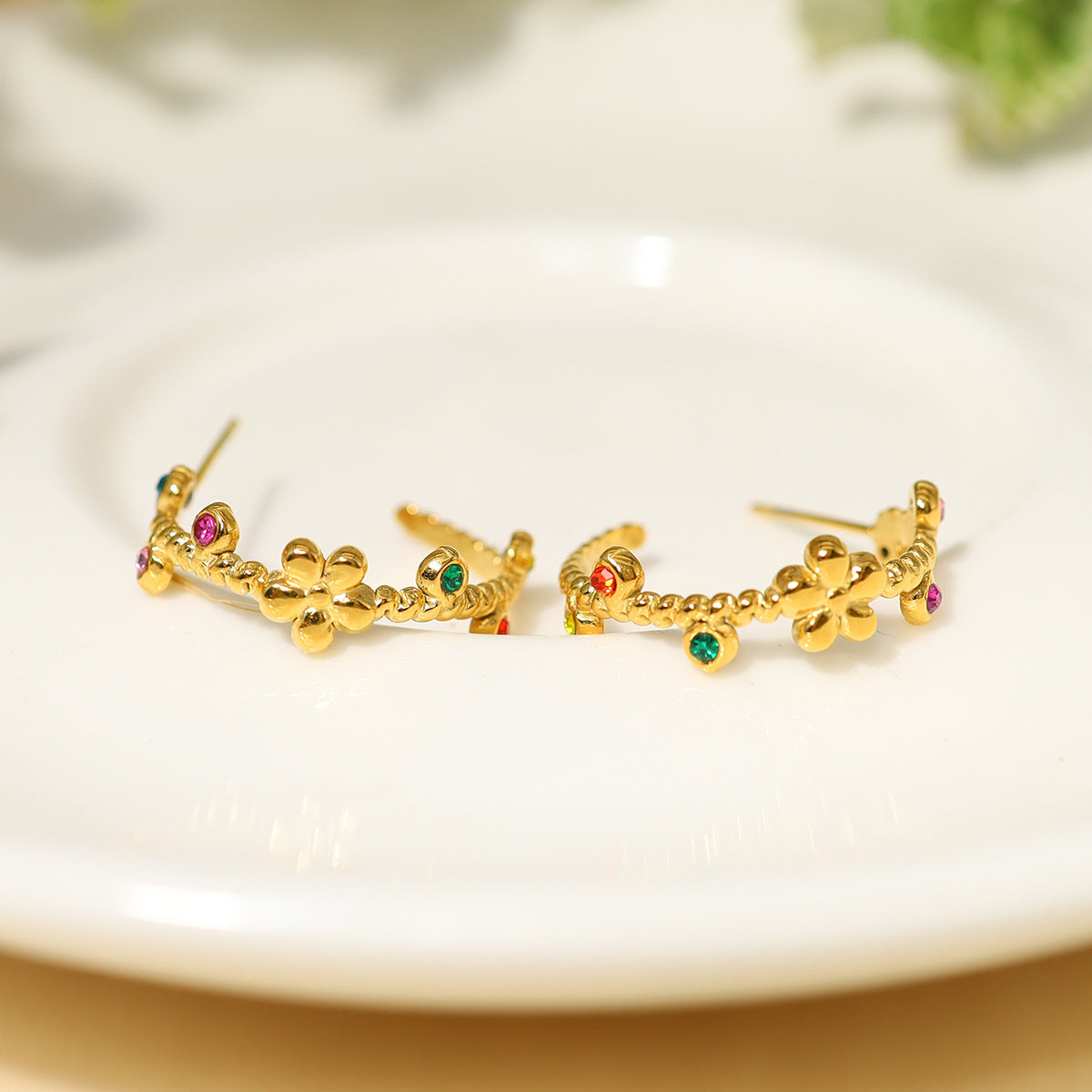 Gold-plated Stainless Steel Flower Zircon Earrings