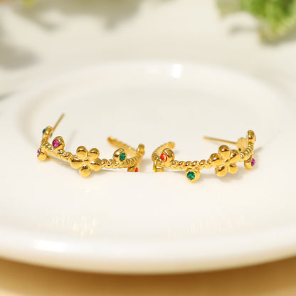 Gold-plated Stainless Steel Flower Zircon Earrings