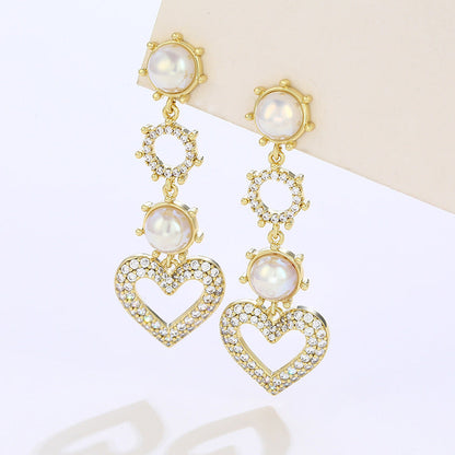 Micropaved Zirconia Heart-shaped Imitation Pearl Earrings
