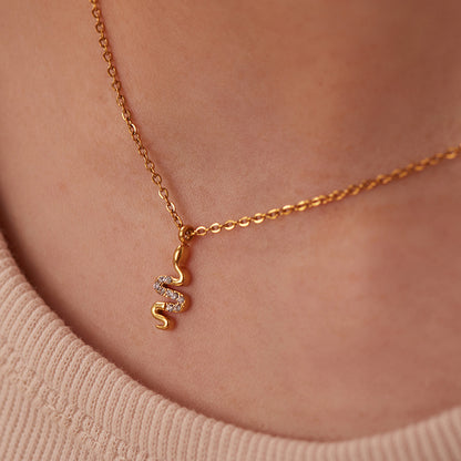 Stainless Steel Serpentine Pendant Inlaid with White Zircon Necklace