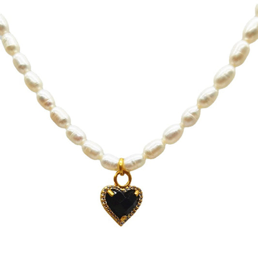 Light Luxury Niche Black Diamond Love Freshwater Pearl Necklace