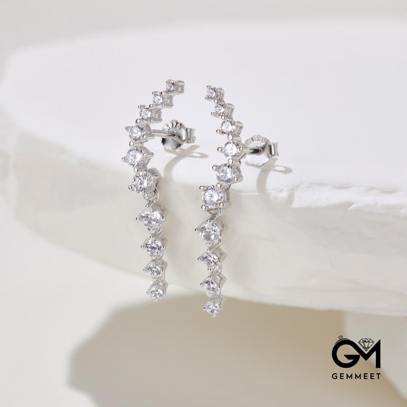 S925 Sterling Silver White Round Zircon Asymmetrical Earrings