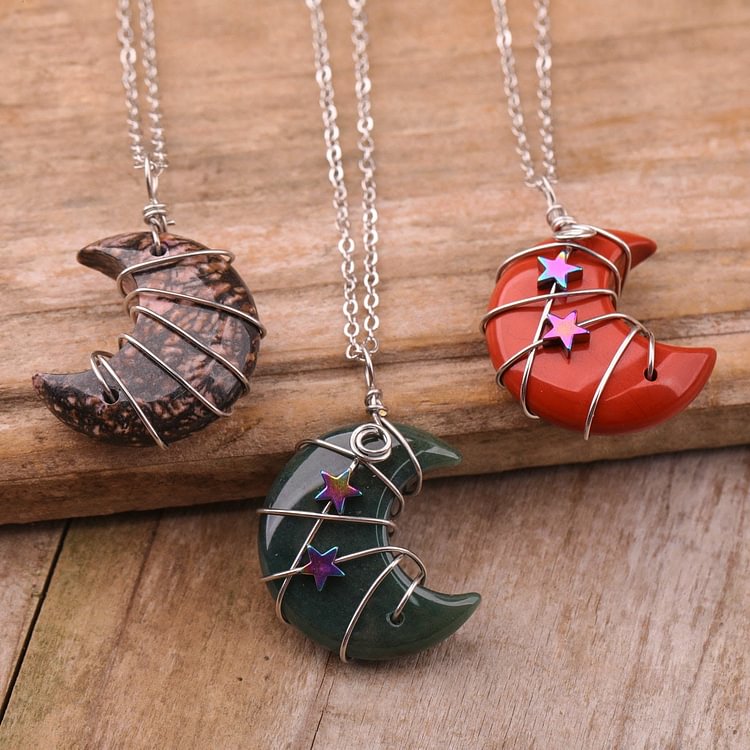 Quartz Crystal Moon Wire Wrapped Star Necklace