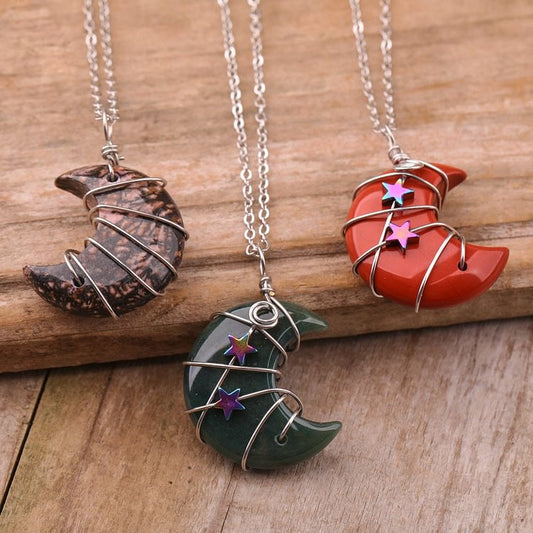 Quartz Crystal Moon Wire Wrapped Star Necklace