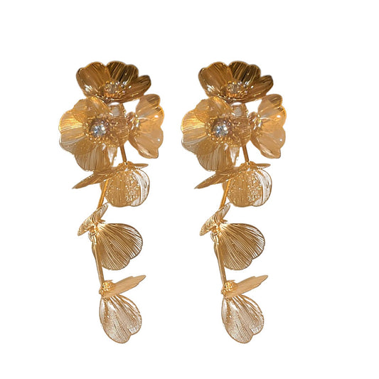 Stylish Long Tassel Earrings with Diamonds and Flowers