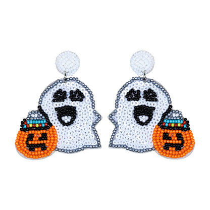 Halloween Cute Spooky Pumpkin Head Hand-Sewn Rice Bead Earrings