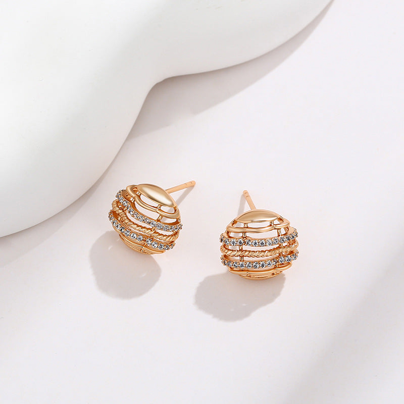 K Gold-plated Mesh Round Zirconium Stud Earrings