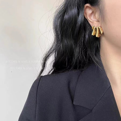 French Brass Stud Earrings with Irregular Pleats