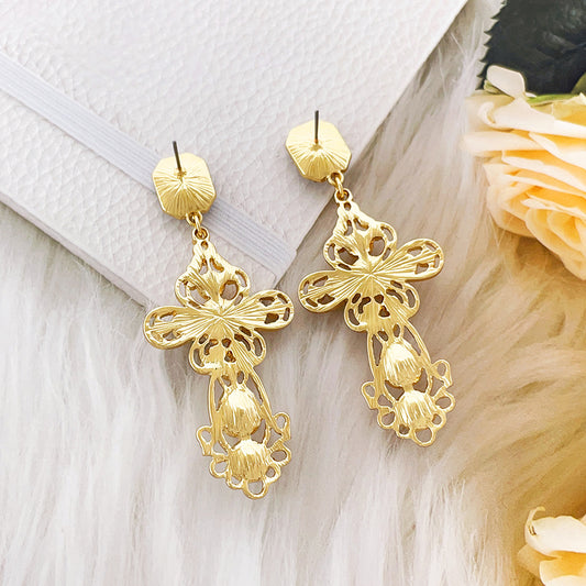 Lace Cutout Pearl Cross Drop Earrings