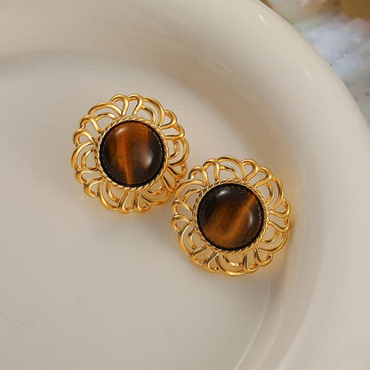 Tiger Eye Sunflower Golden Earrings
