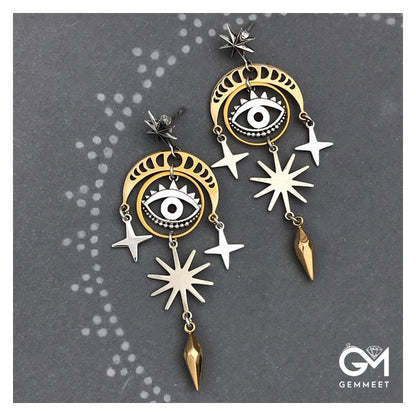 Unique Evil Eye Star Moon Witch Earrings