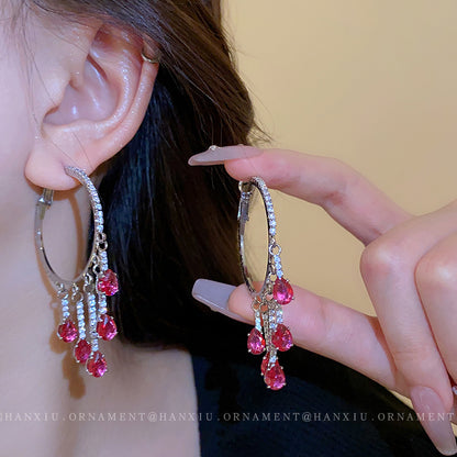 Silver Needle Zircon Drop Circle Earrings