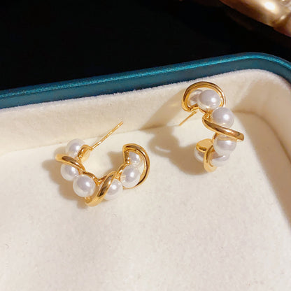 Niche Design Double Surround Metal Pearl C-shaped Earrings