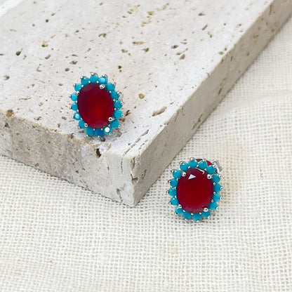Turquoise Flower Shape Inlaid Light Blue Earrings