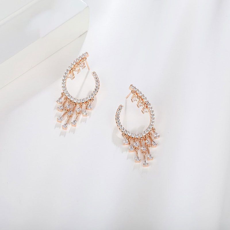 Temperament Fairy Small Tassel Elegant Full-studded Zircon Earrings