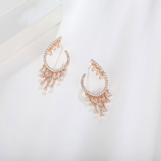 Temperament Fairy Small Tassel Elegant Full-studded Zircon Earrings
