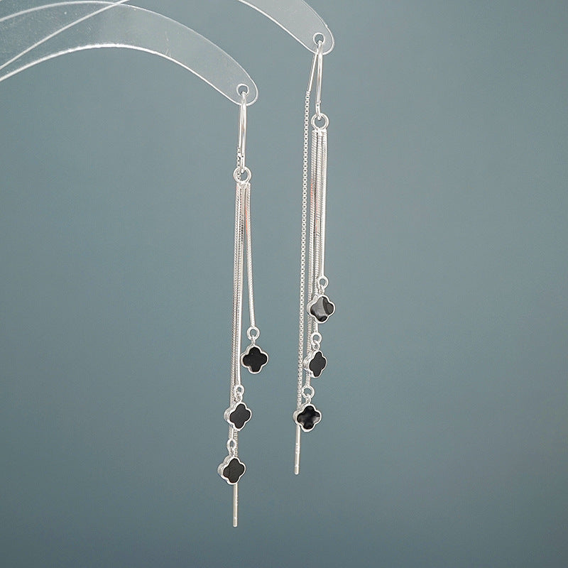 S925 Sterling Silver Four-leaf Clover Tassel Earrings