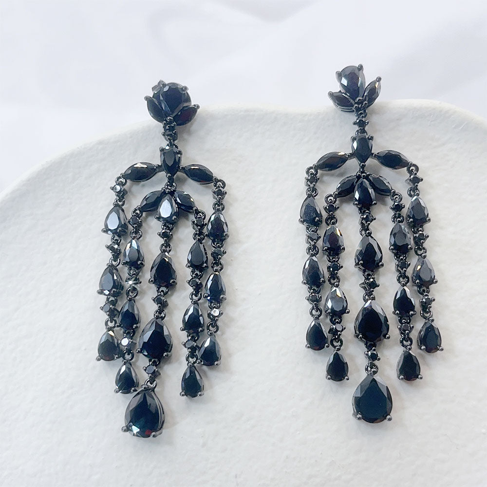 Tassel Drop Water Black Zircon Earrings