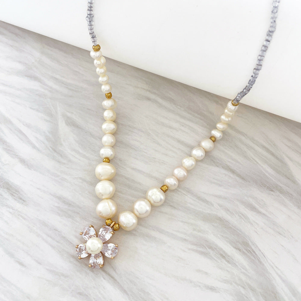 Copper Plated Gold Zircon Flower Pearl Necklace