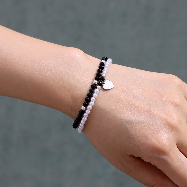 Faceted Stone Pearl Heart Charm Double Layer Bracelet