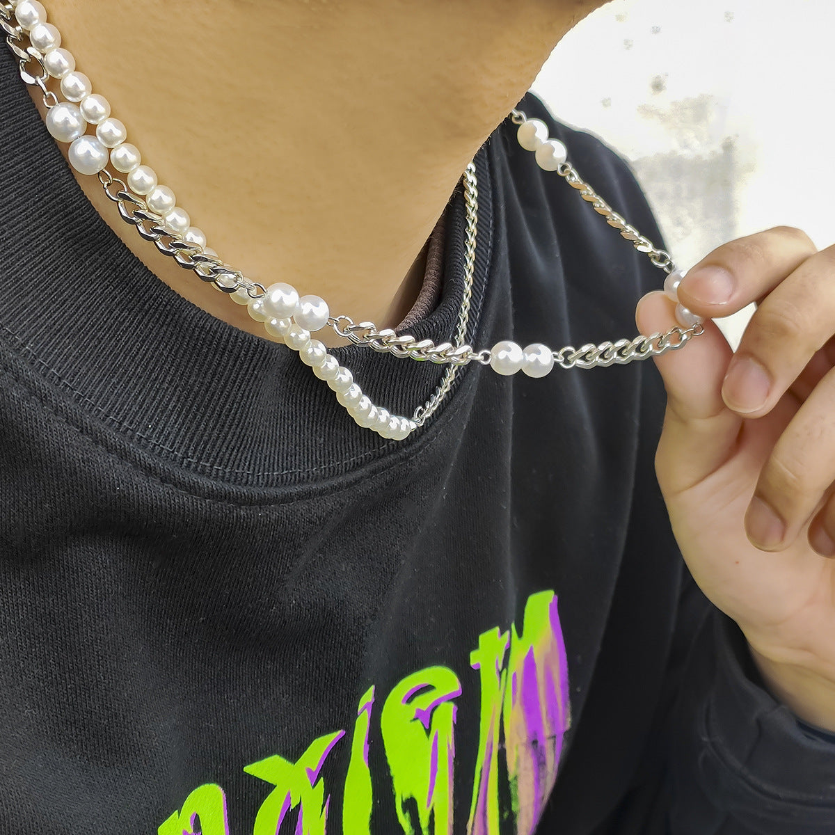 Fashion Spliced Pearl Hip Hop Double Layer Design Necklace