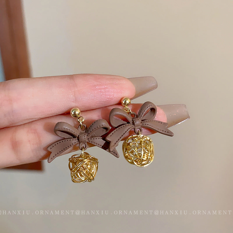 Silver Needle Wrapped Round Ball Bow Earrings