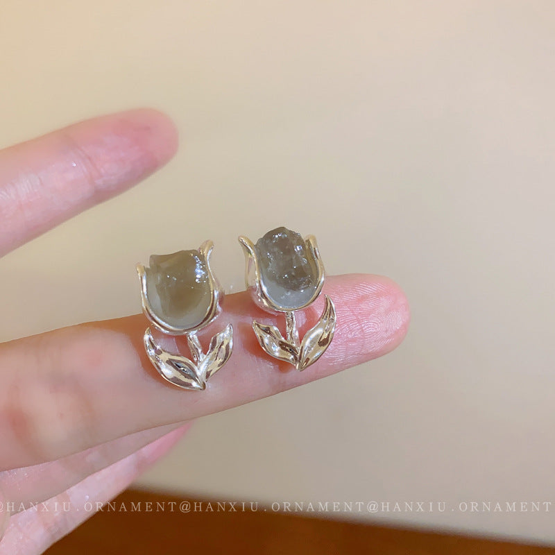 Silver Needle Flower Crystal Earrings