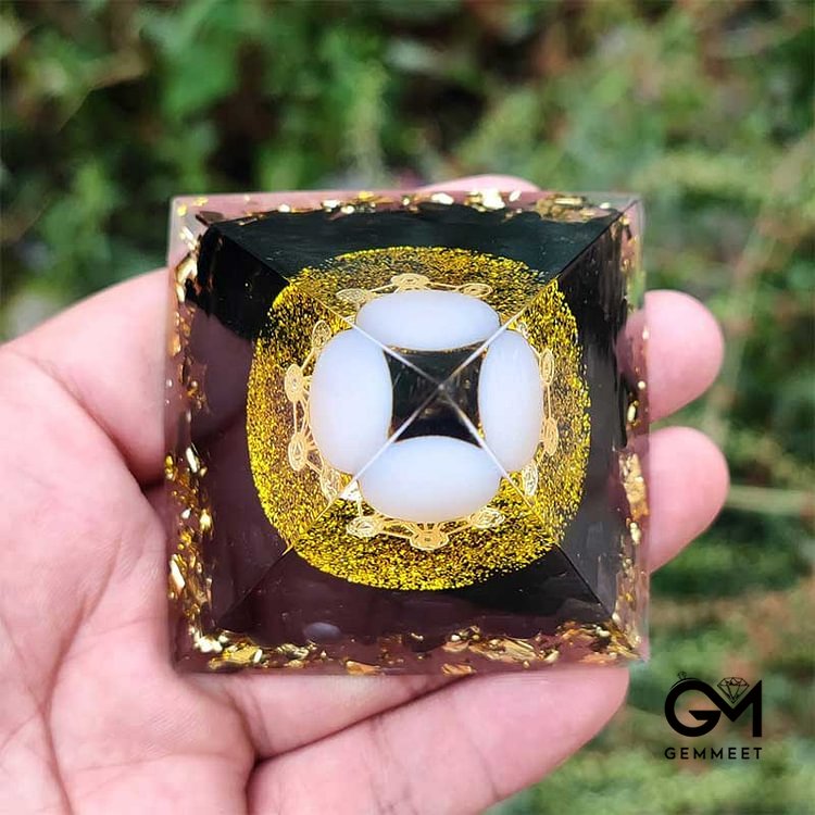 White Agate Sphere with Obsidian Orgone Pyramid