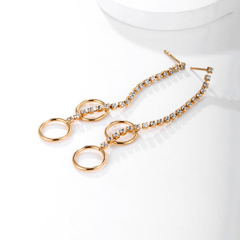 Geometric Circle Long Tassel Zirconia Drop Earrings