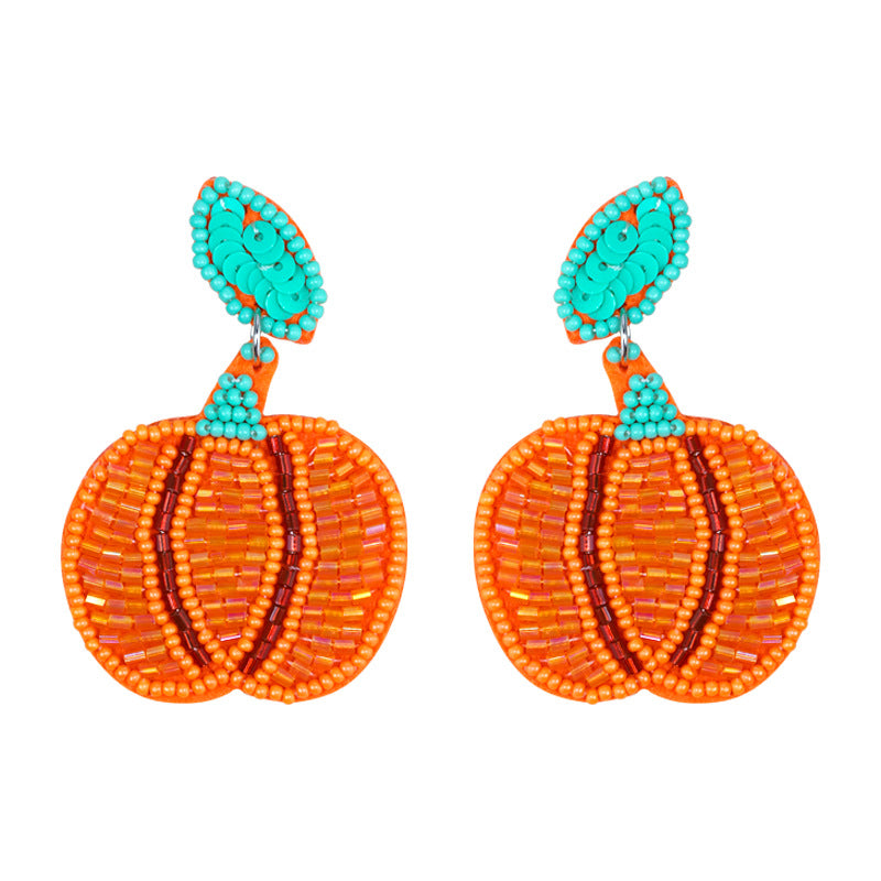 Halloween Funny Handmade Fabric Rice Bead Pumpkin Earrings