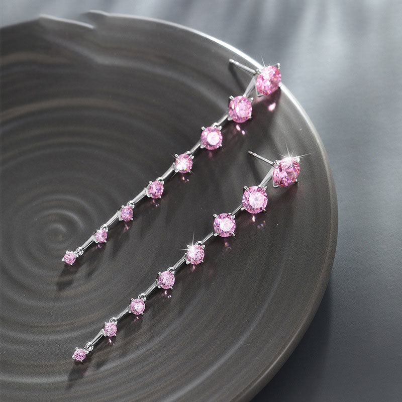 Sakura Pink Zirconia Long Tassel Earrings