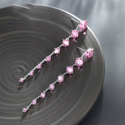 Sakura Pink Zirconia Long Tassel Earrings